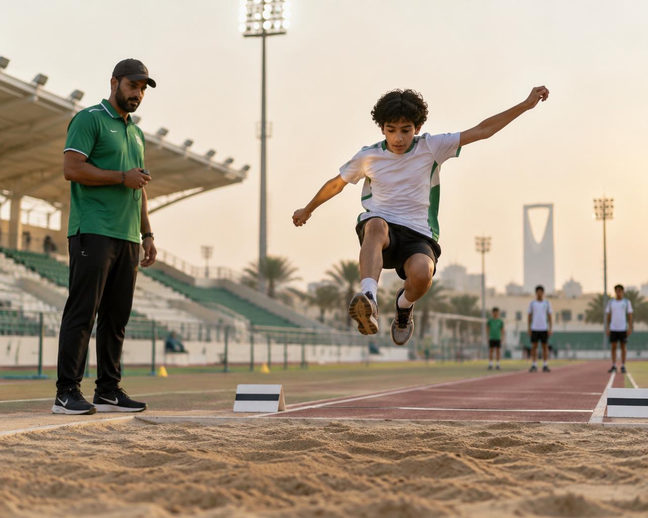 مدرب يتابع قفزة طويلة لناشئ في الملعب